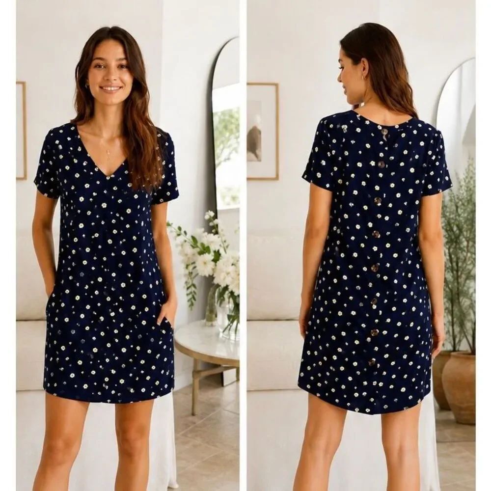 Madewell Button Back Easy Mini Dress Daisy Dots Women’s Medium Sheath V-Neck